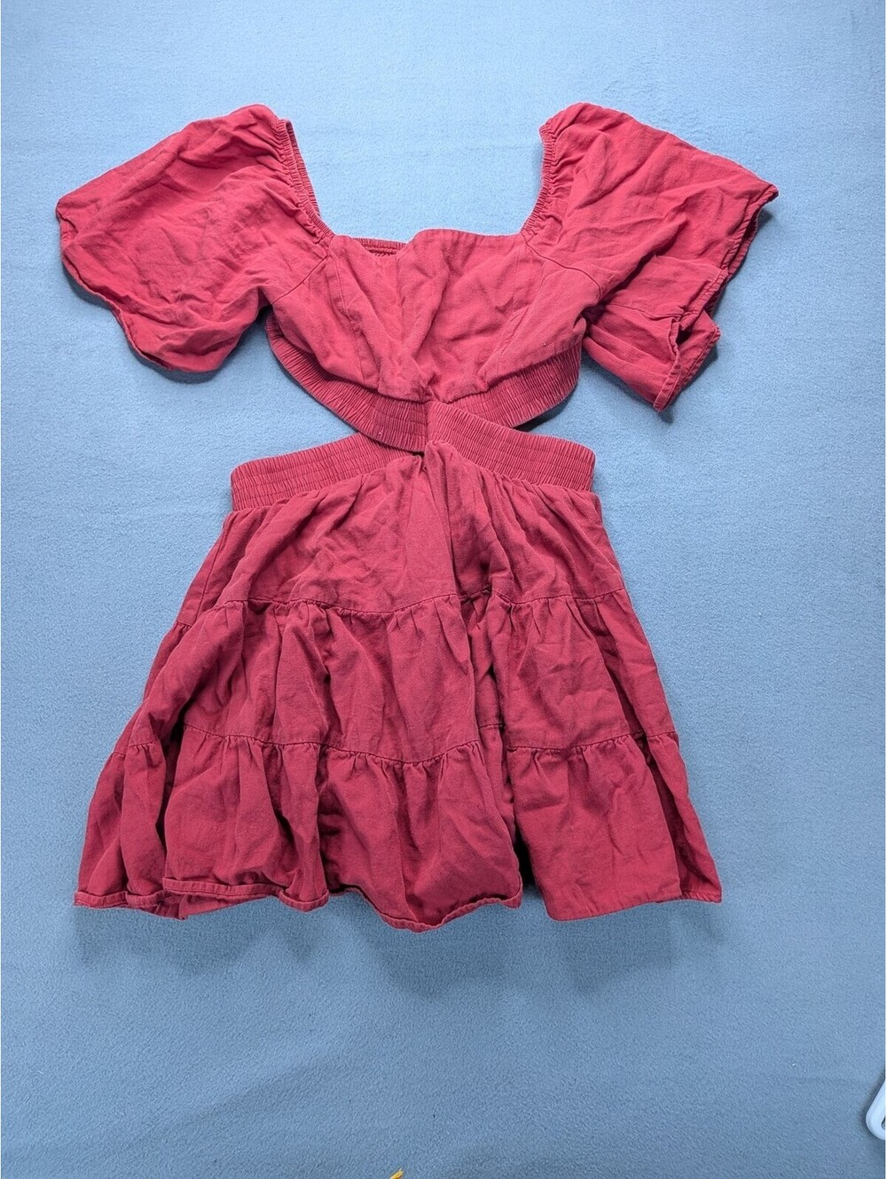 OWNGIGI Dress Womens S Red Cutout Puff Sleeve Ruffle Tiered Mini Sundress